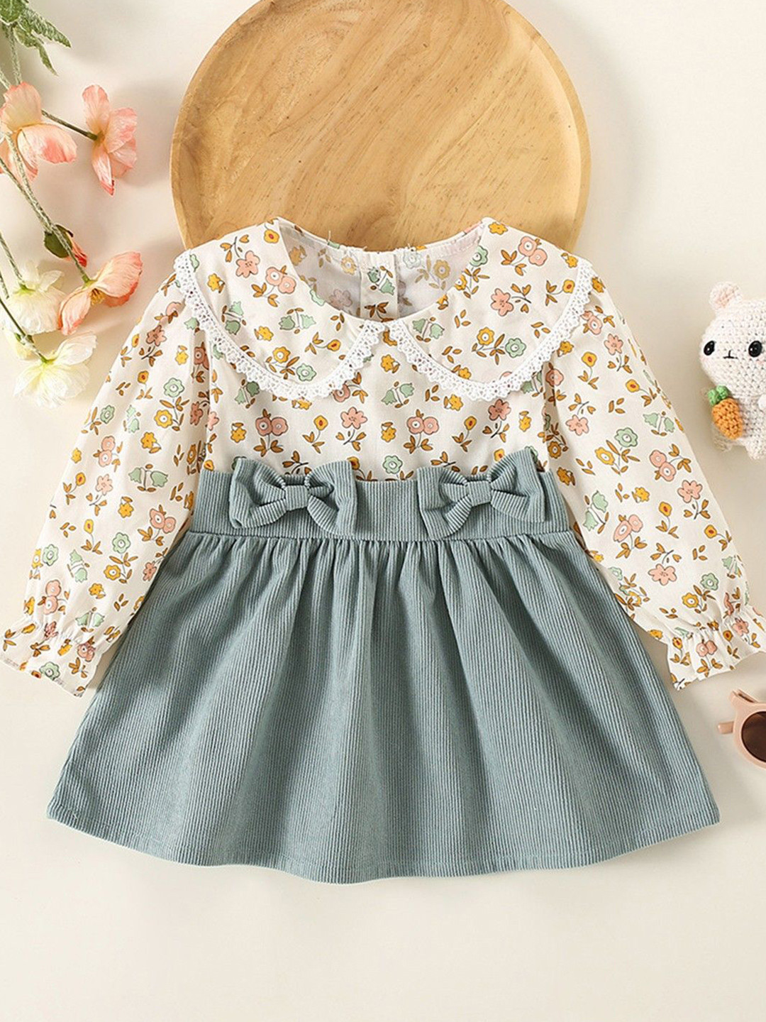 YK Flower print doll collar long sleeve A-Line Midi Dress