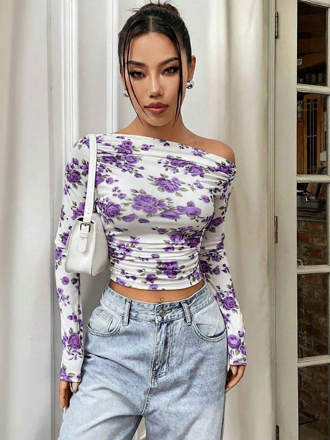 Womenster Floral Print Off-Shoulder Full Sleeve Net Crop Top