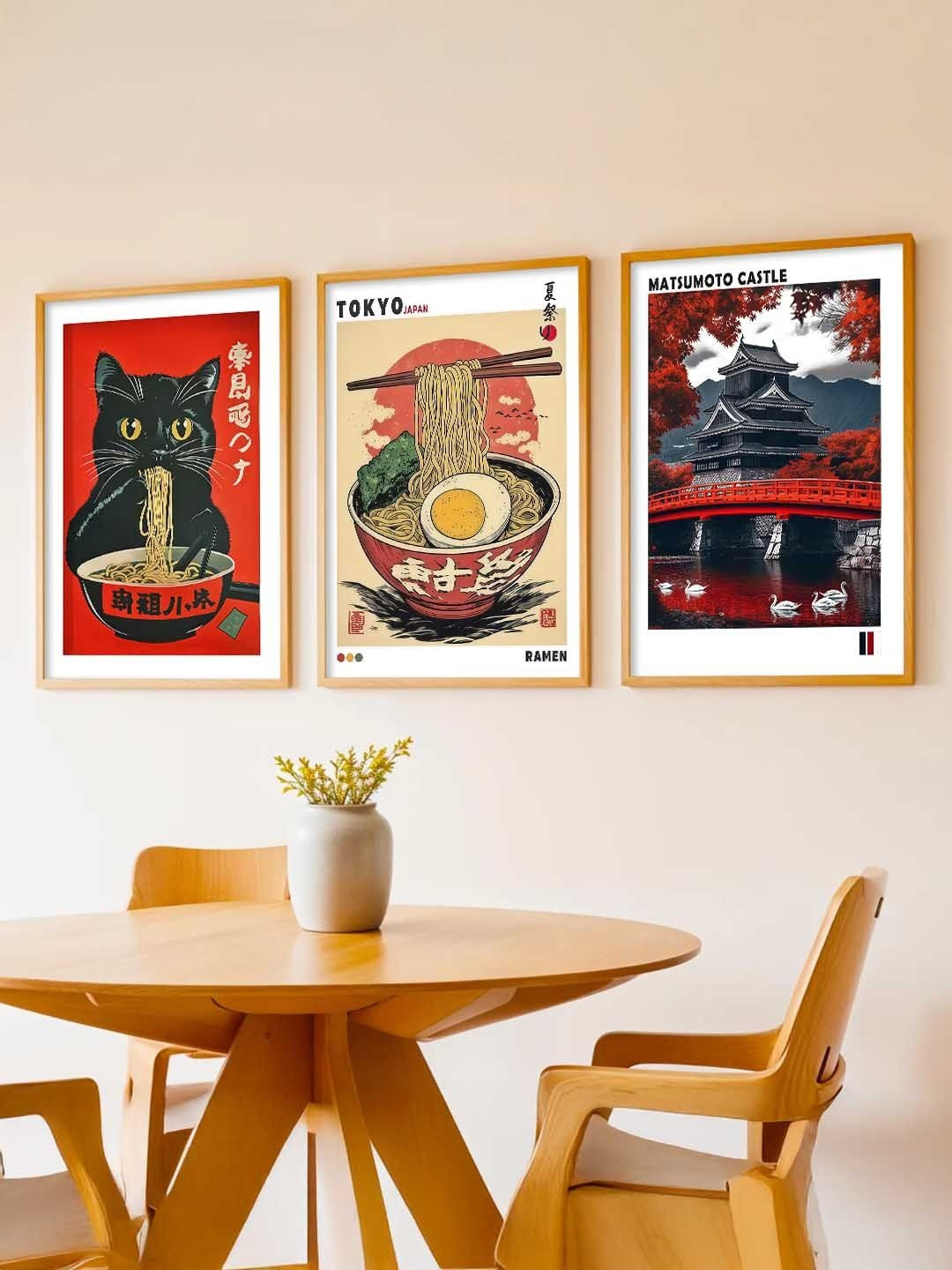 Kotart Red & Beige 3 Pieces Japanese Art Wooden Rectangle Wall Arts