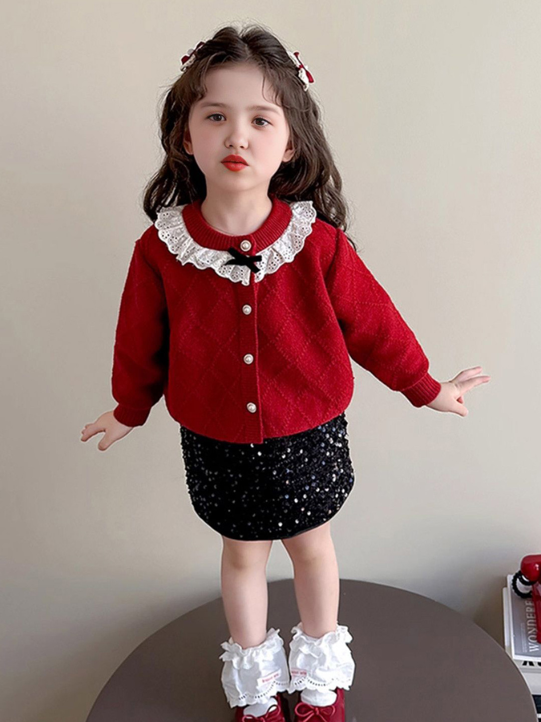 INCLUD Girls Self-Design Diamond Pattern Round Neck Cardigan