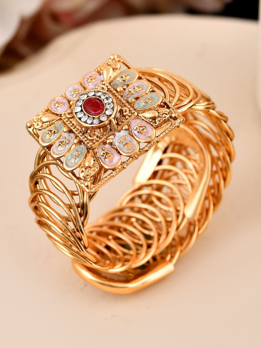 Anouk Stainless Steel Gold-Plated Kundan Studded Wraparound Square Bracelet