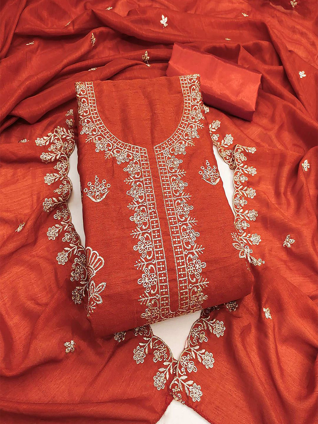 Peachmode Thread Embroidery Vichitra Silk Unstitched Dress Material