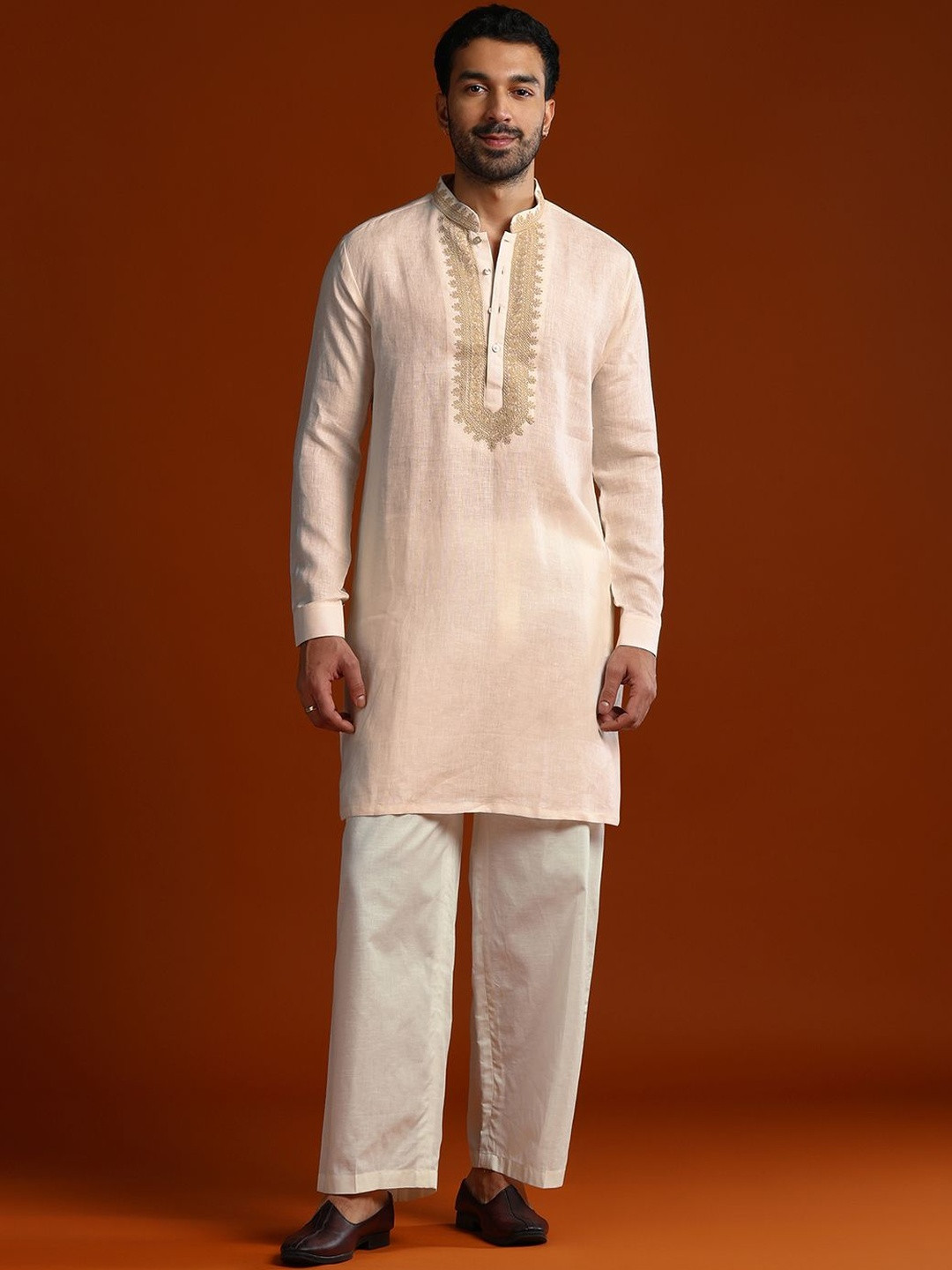 KALKI Fashion Men Solid Embroidered Linen Kurta with Pyjamas