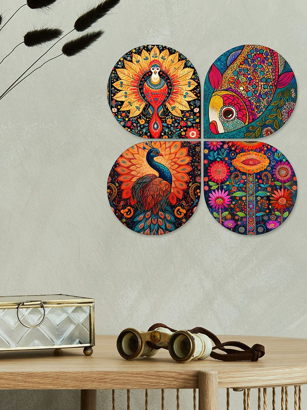 ArtVibes Yellow & Blue 4 Pieces Printed Colorful Decorative Wooden Wall Art