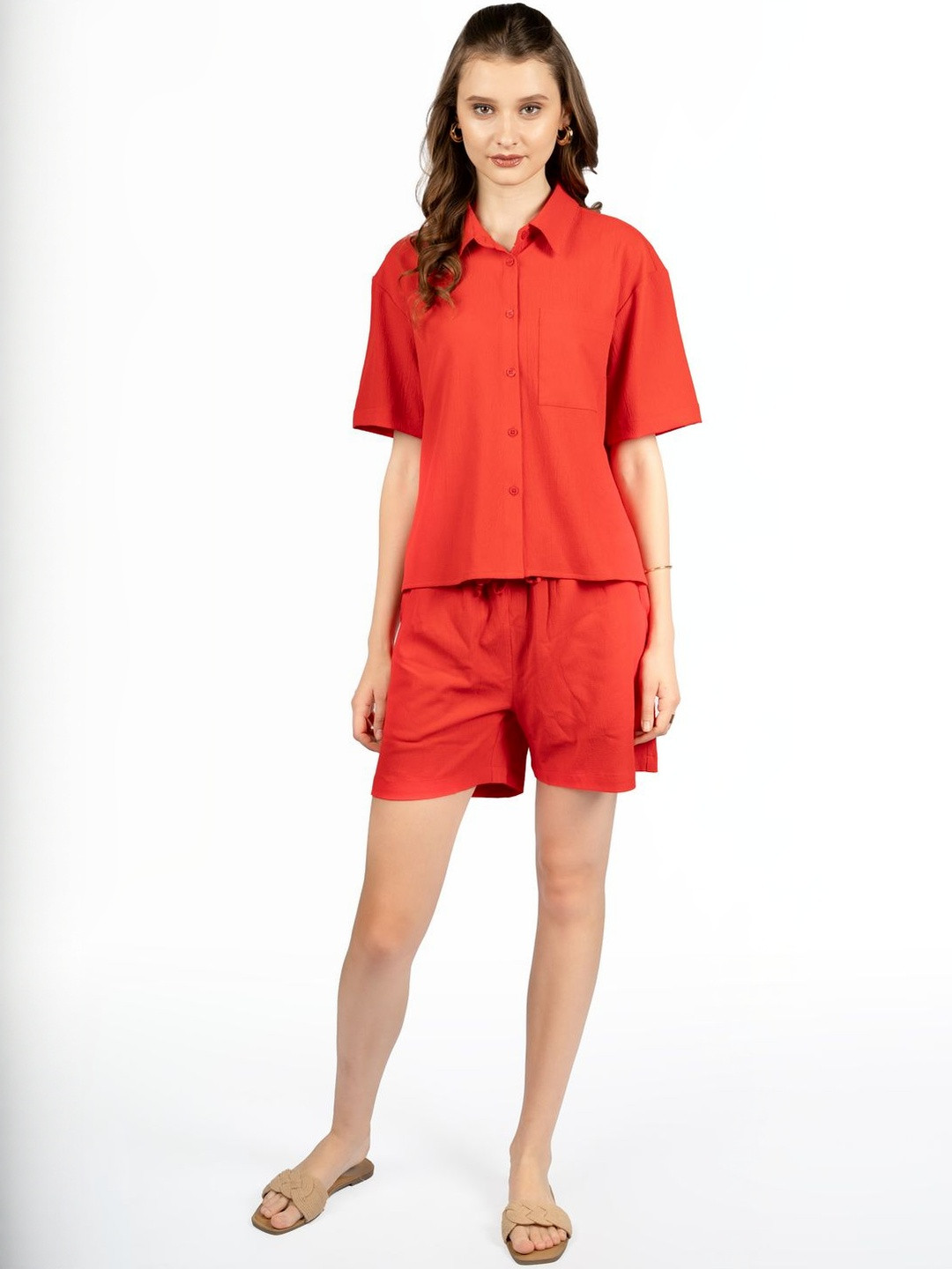CORY EDGE Women  Shirt Collar-Neck Shirt With Shorts Co-Ords