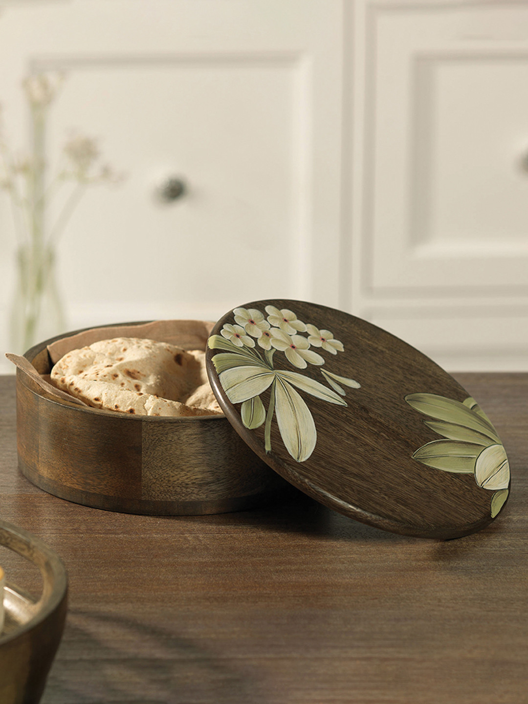 ellementry Brown & Green Handcrafted Frangipani Wooden Roti Box