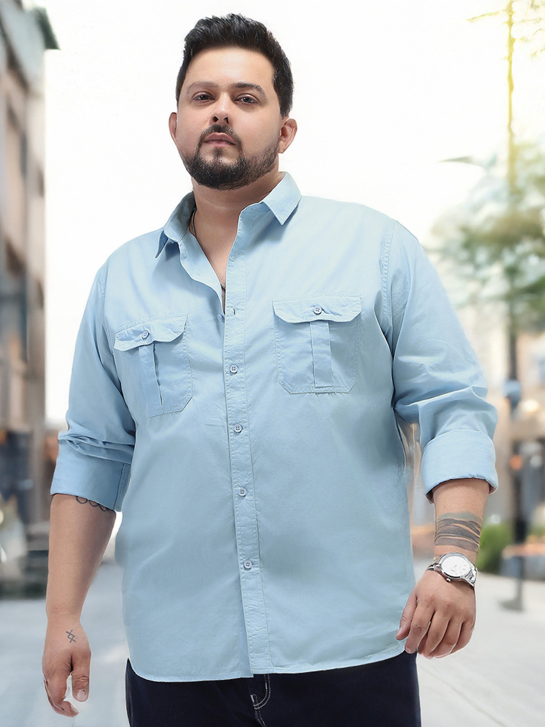 Urbano Plus Men Light Blue Cotton Long Sleeve Regular Fit Casual Solid Shirt