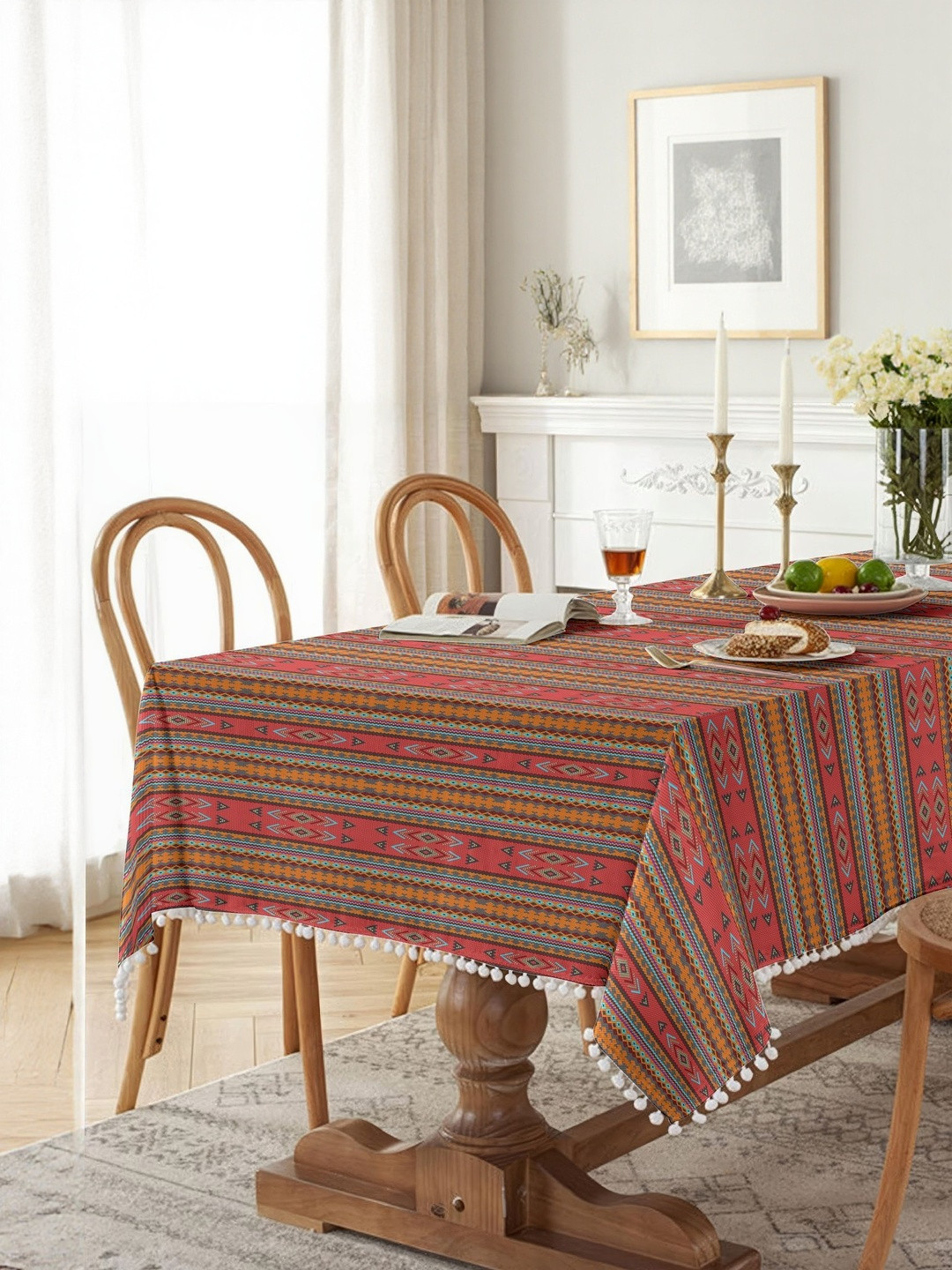 CASABLEU Pink And Brown Striped 6-Seater Rectangle Table Cover