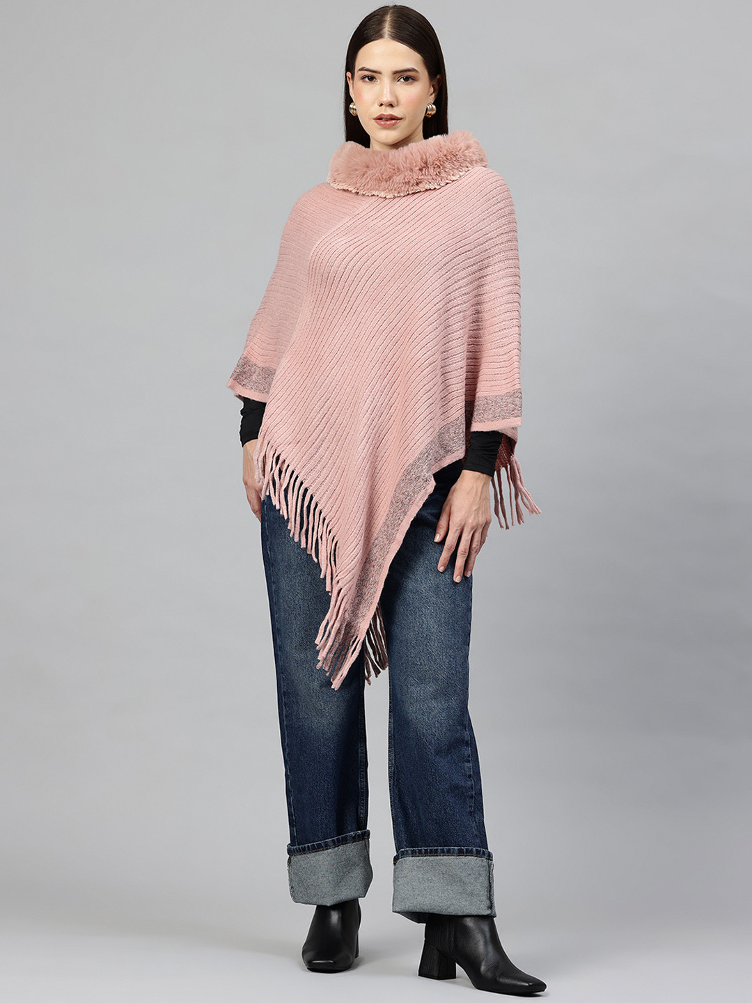 Pierre Carlo Ribbed Faux Fur Detail Longline Asymmetric Poncho