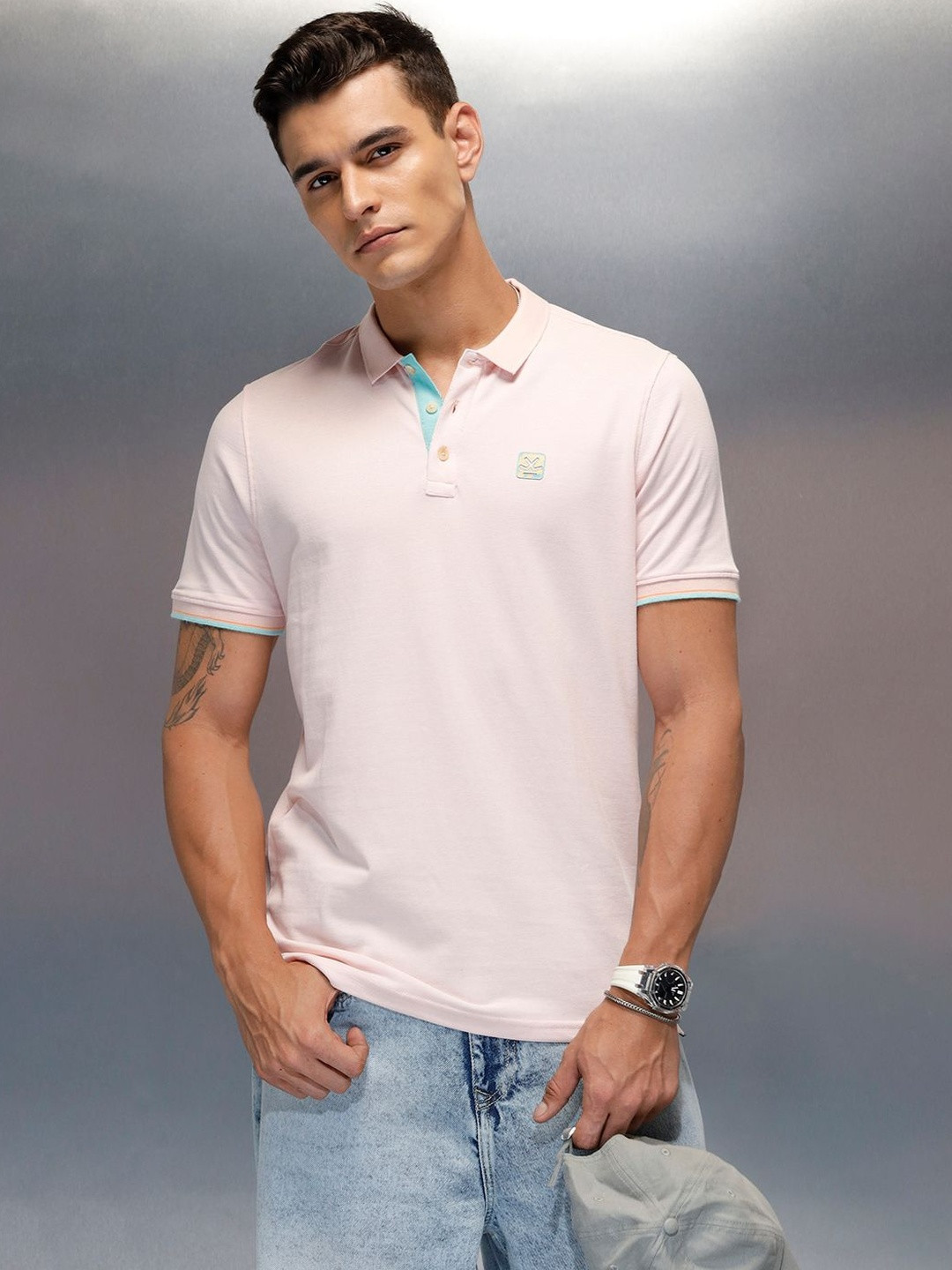 WROGN Short Sleeves Brand Logo Relaxed Fit Pure Cotton Polo Collar T-shirt