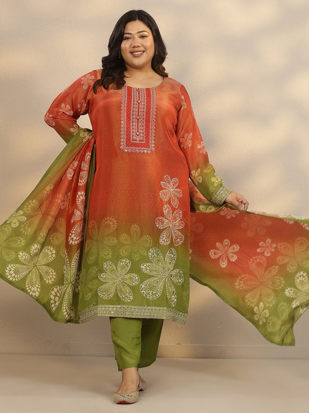 EXTRA LOVE BY LIBAS Women Printed Mirror Work Silk Crepe Kurta with Trousers & Dupatta