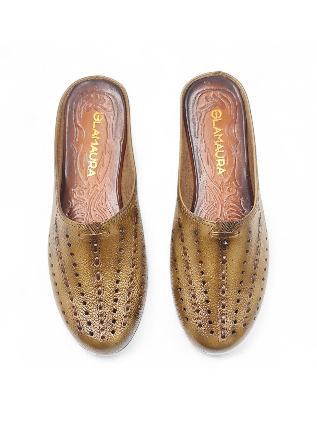 GLAMAURA Perforated Round Toe No Back Strap Cushioned Leather Footbed Mules Flats