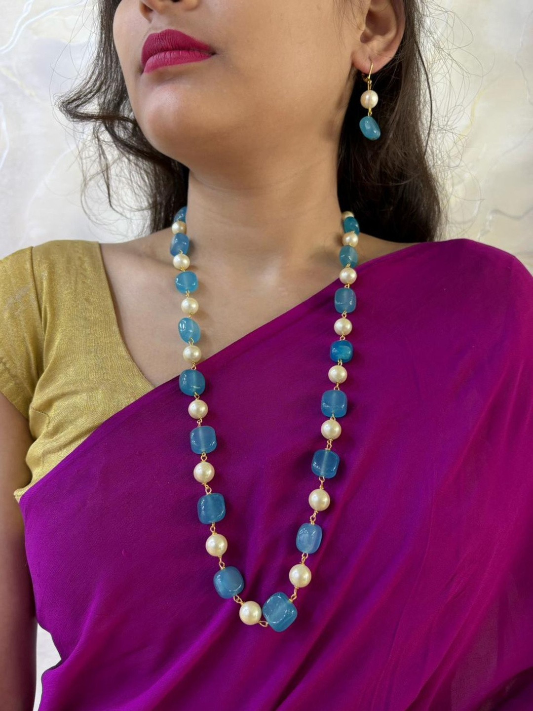 Gehna By Beadazzled Gold-Plated Real Jade Stones and Shell Pearls Beaded Jewellery Set