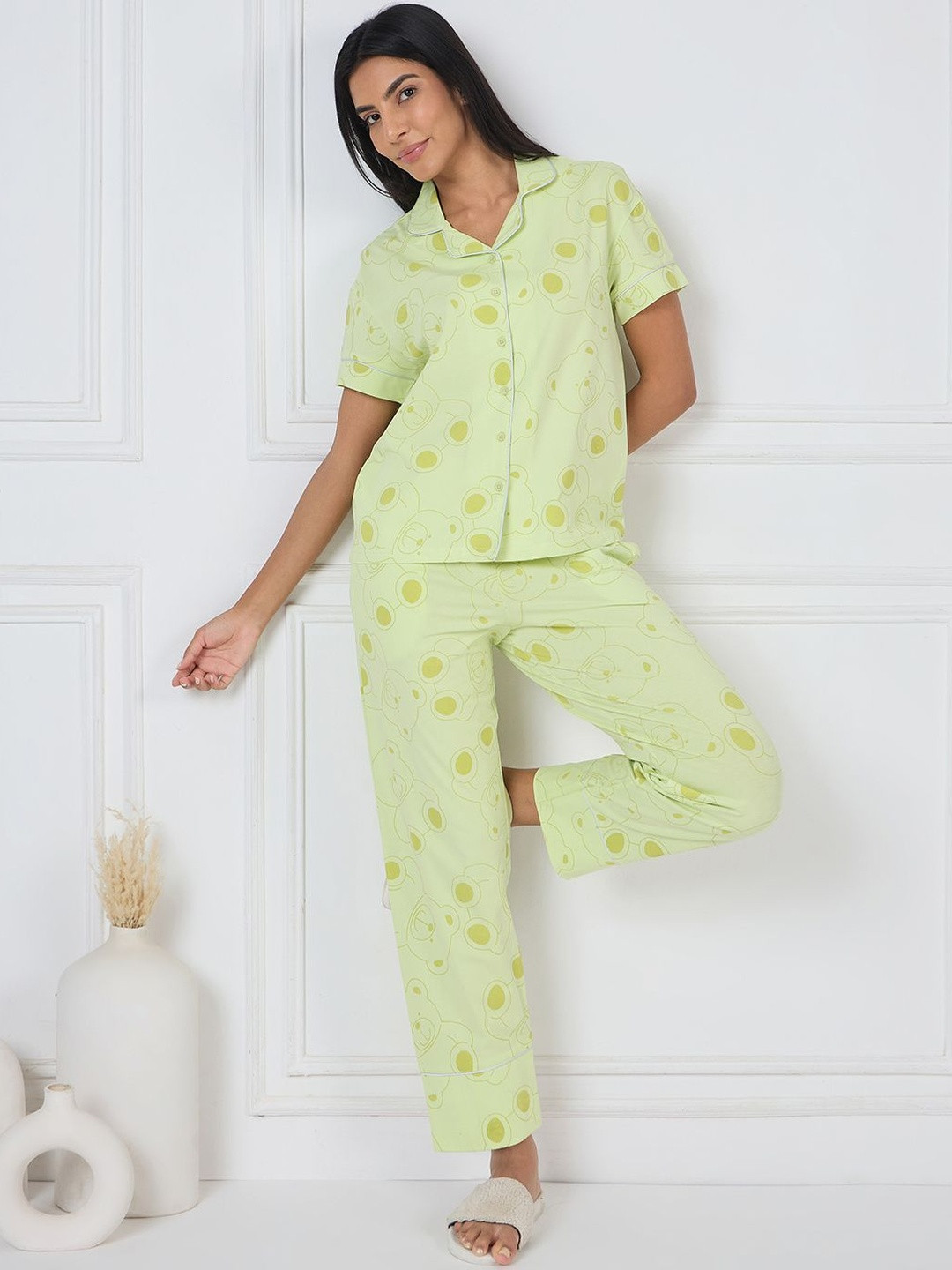 Sweet Dreams Graphic Printed Lapel Collar Short Sleeves Shirt And Pyjamas