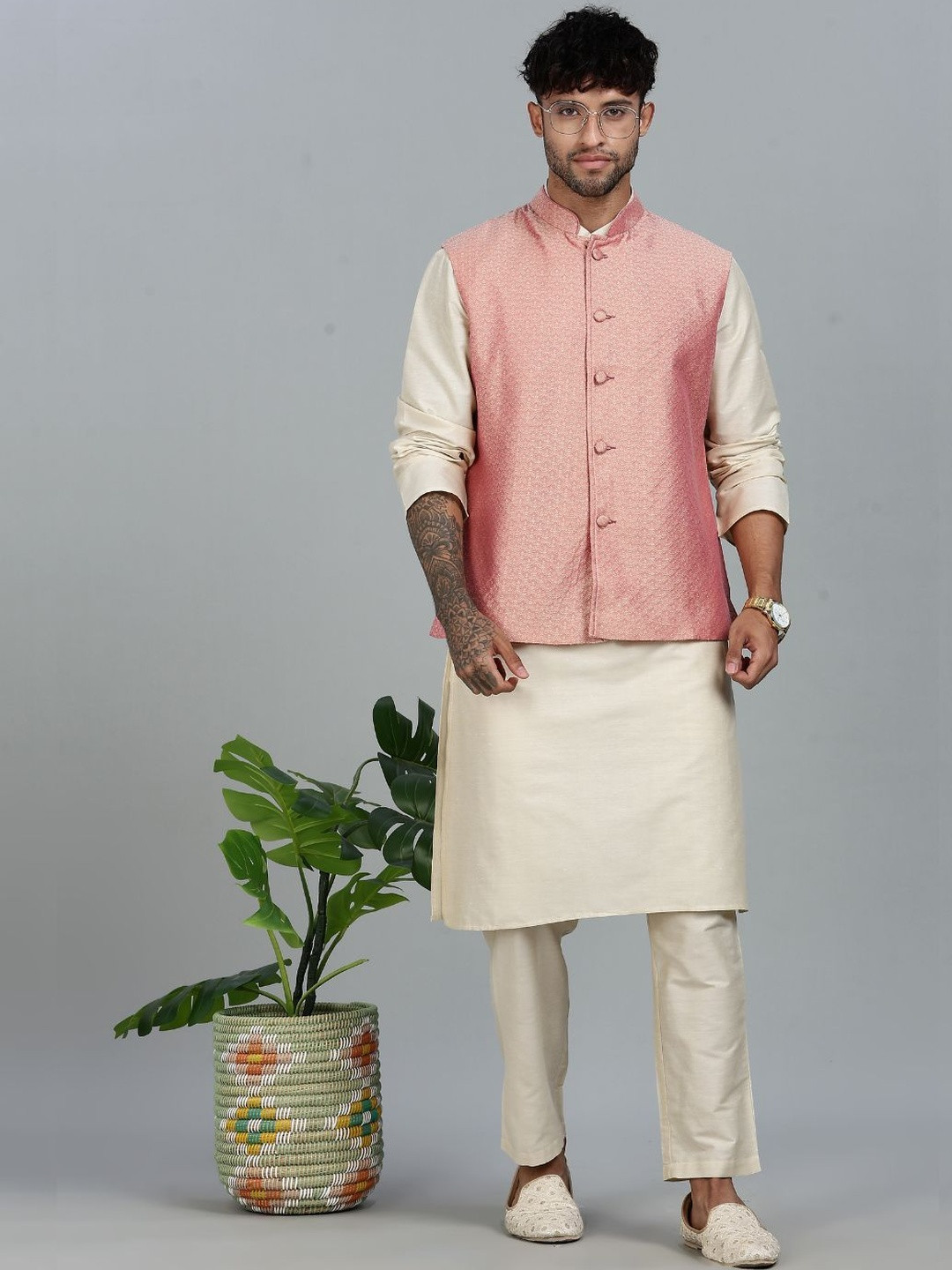 Abhishti Men Beige Kurta Pant with pink Woven Design  Bandi Set