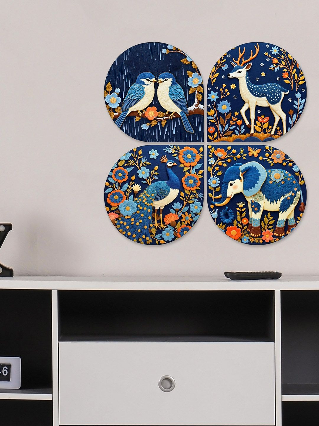 ArtVibes White & Blue 4 Pieces Printed Floral Animal Wooden Decals and Stickers