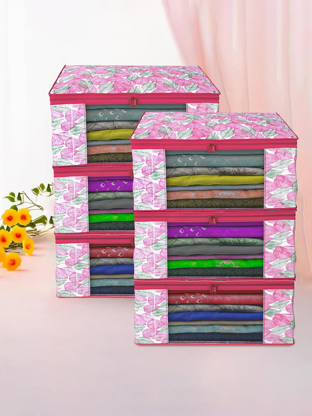 Kuber Industries 6 Pcs White & Pink Leafy Printed Non-Woven Foldable Saree Organizers