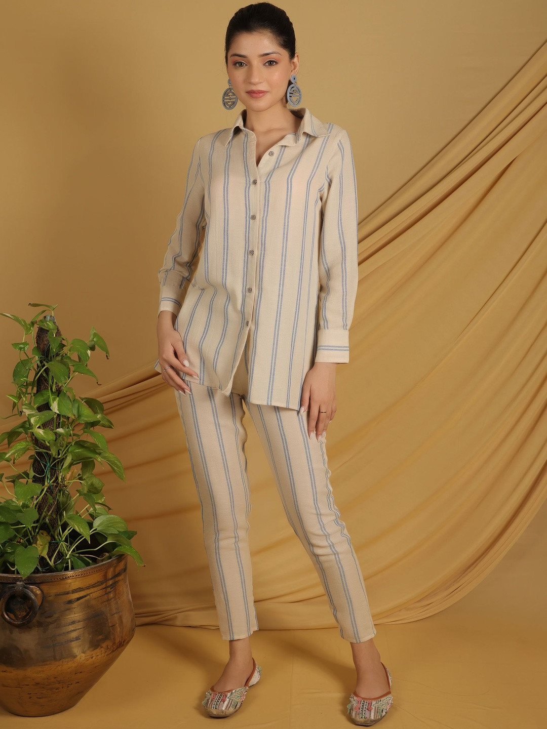 GRASS & SUNSHINE Striped Shirt Collar Shirt With Trousers Co-Ords