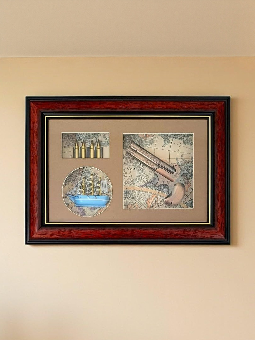 Ascension Beige & Brown Vintage Pistol & Ship Theme Wooden Wall Painting Art