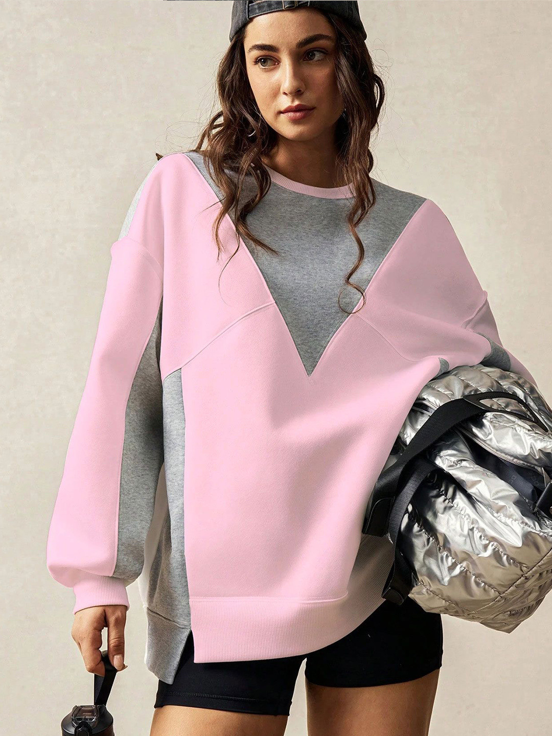 Roadster Grey & Baby Pink Round Neck & Full Sleeves Sweatshirt