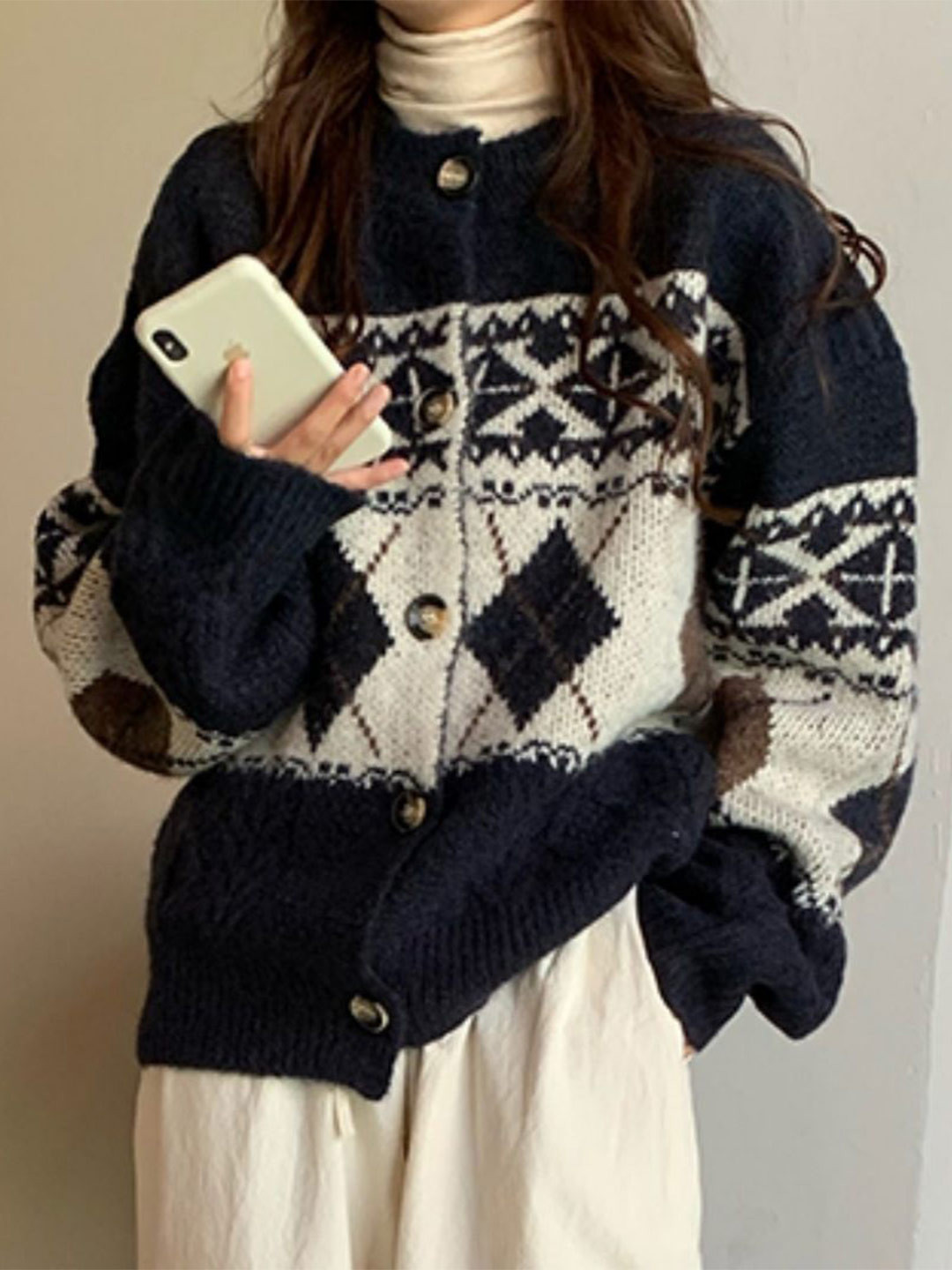 StyleCast x Revolte Women Fair Isle Printed Round Neck Long Sleeve Front-Open Sweater