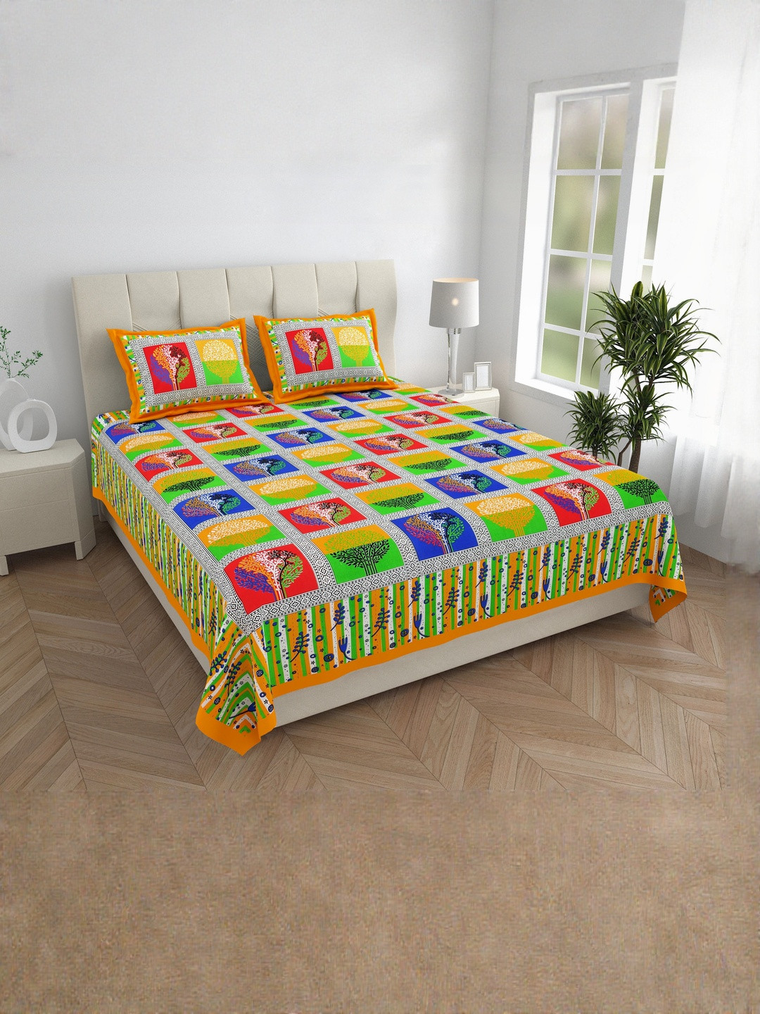 ABHACLOTHO Yellow & Blue Floral Printed Cotton 144 TC Double King Bedsheet Set 2.10mx2.35m