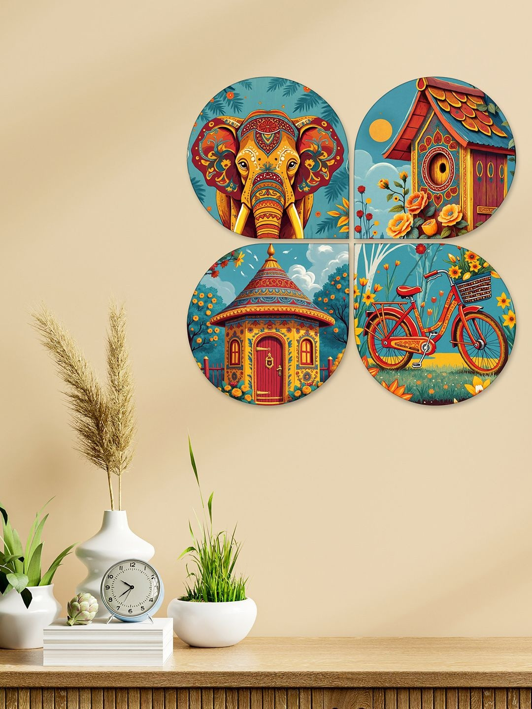 ArtVibes Red & Blue Set Of 4 Indian Decorative Printed Wooden Wall Hangings