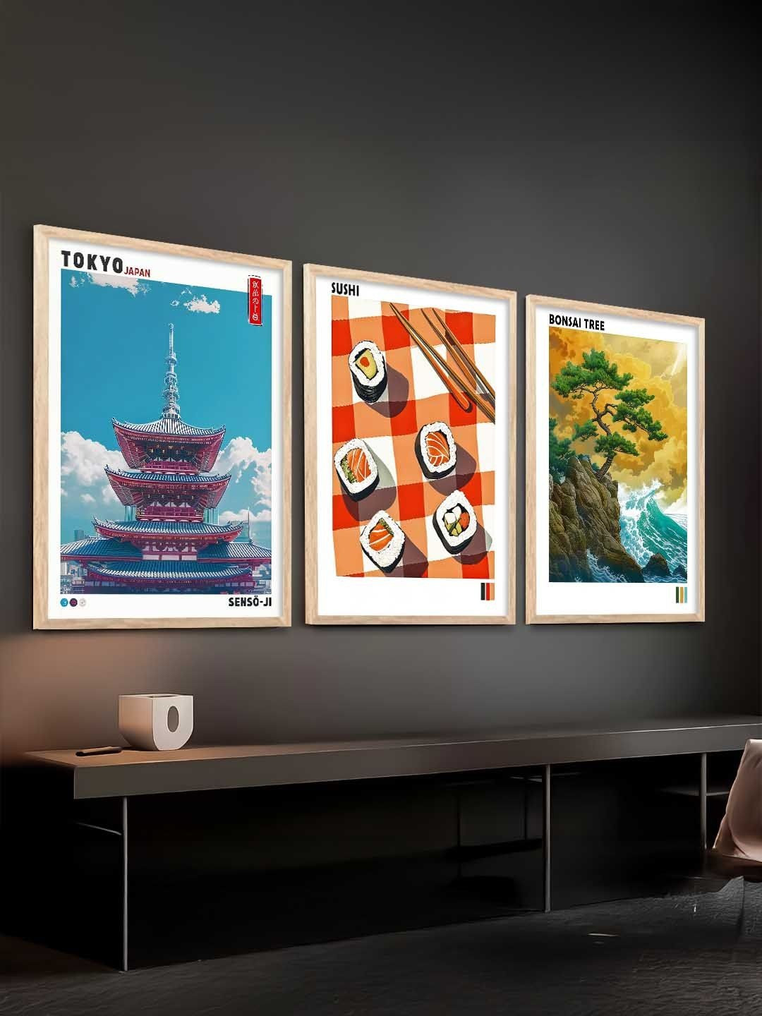 Kotart White & Orange 3 Pieces Japanese Framed Posters Wooden Wall Arts