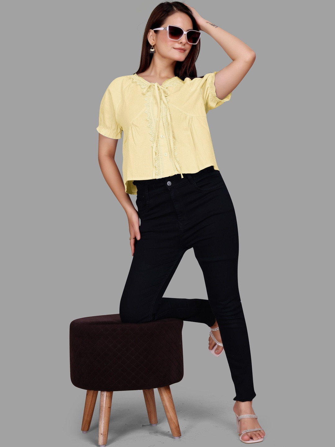 Madborn Creation Tie-Up Neck Puff Sleeve Ruffles Crop Top