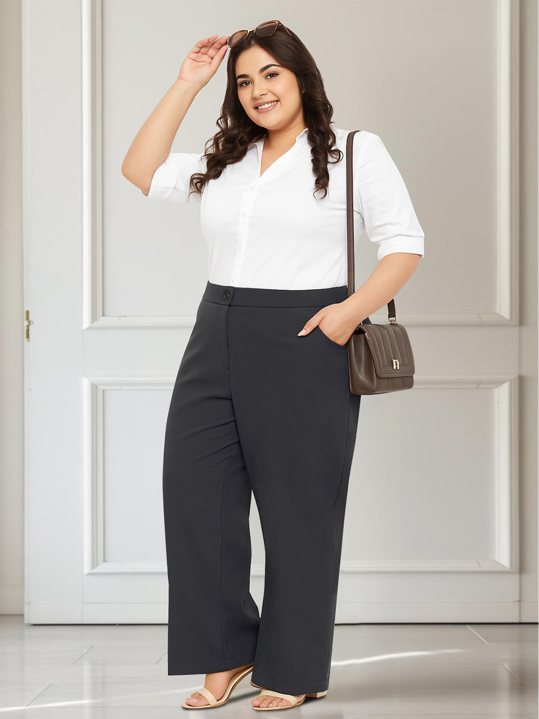 wild U Women Plus Size  Straight Fit Extra Stretch High-Rise Parallel Trousers