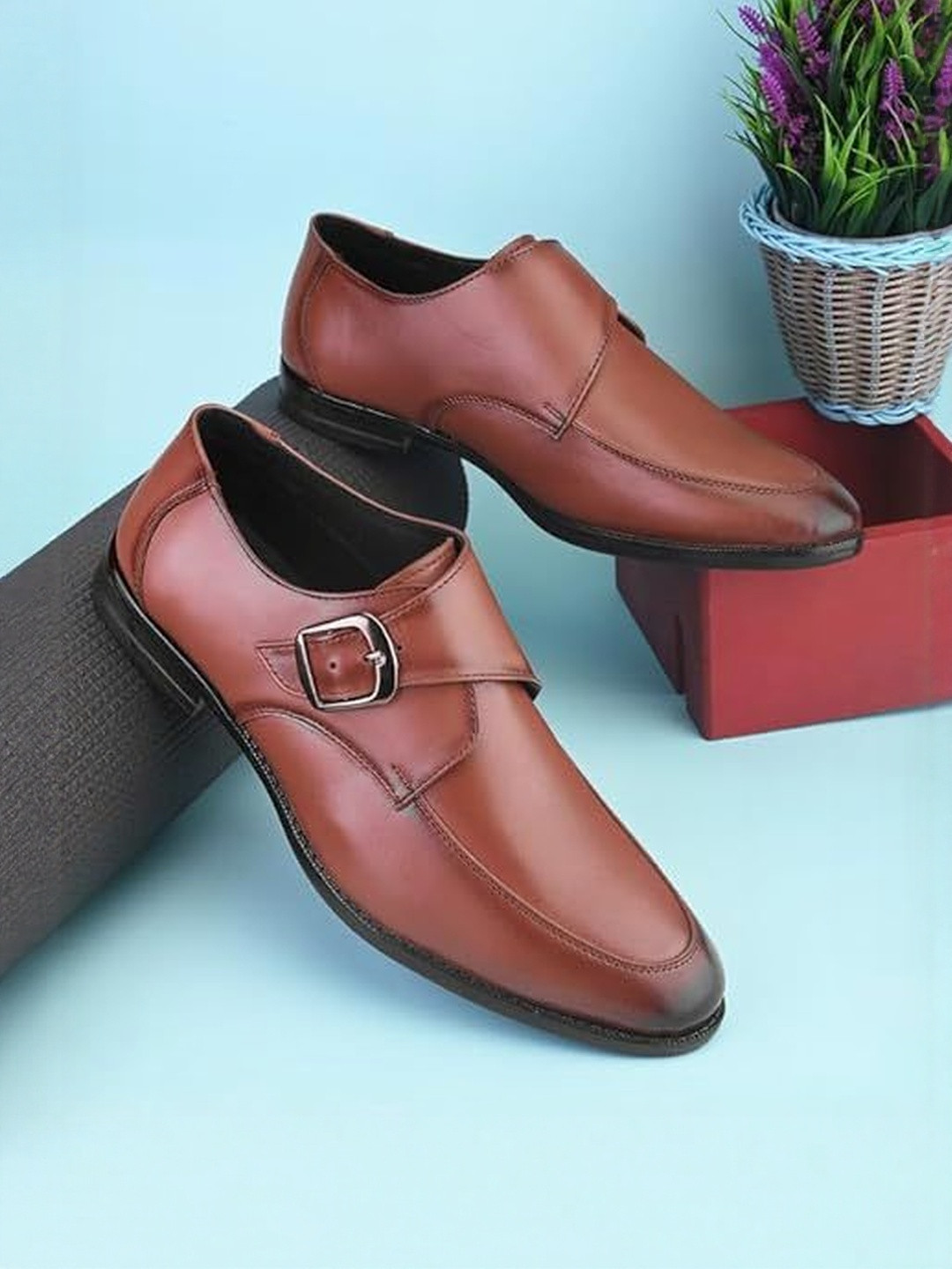 N N Creation Men Leather Pointed Toe Formal Monk Shoes with Buckle