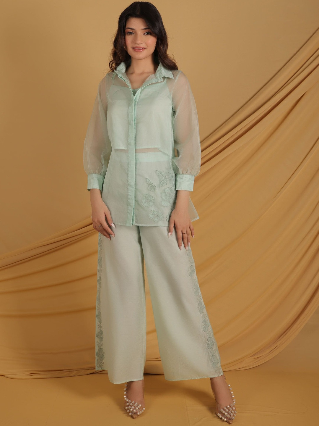 GRASS & SUNSHINE Embroidered Shirt Collar Neck Chanderi Shirt With Palazzo