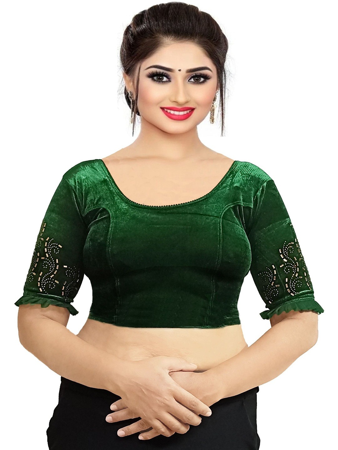 PU FASHION Women Readymade Strechable Stone Work Velvet Blouse