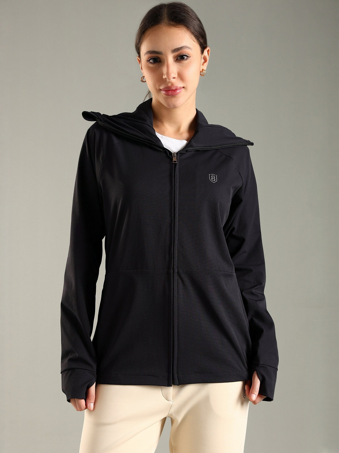 DOMIN8 Women Water-Repellent Zipper Hooded Jacket With Thumb Hole Sleeve & Face Cover