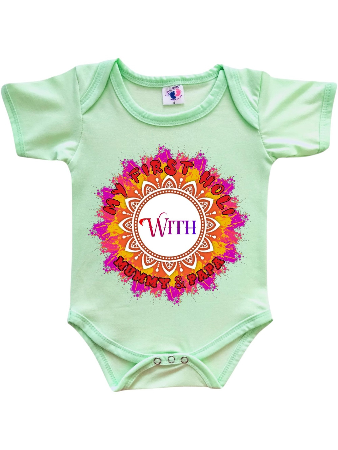 Cute Pals Infants My 1st Holi With Mummy & Papa Printed Envelope Neck Cotton Bodysuit