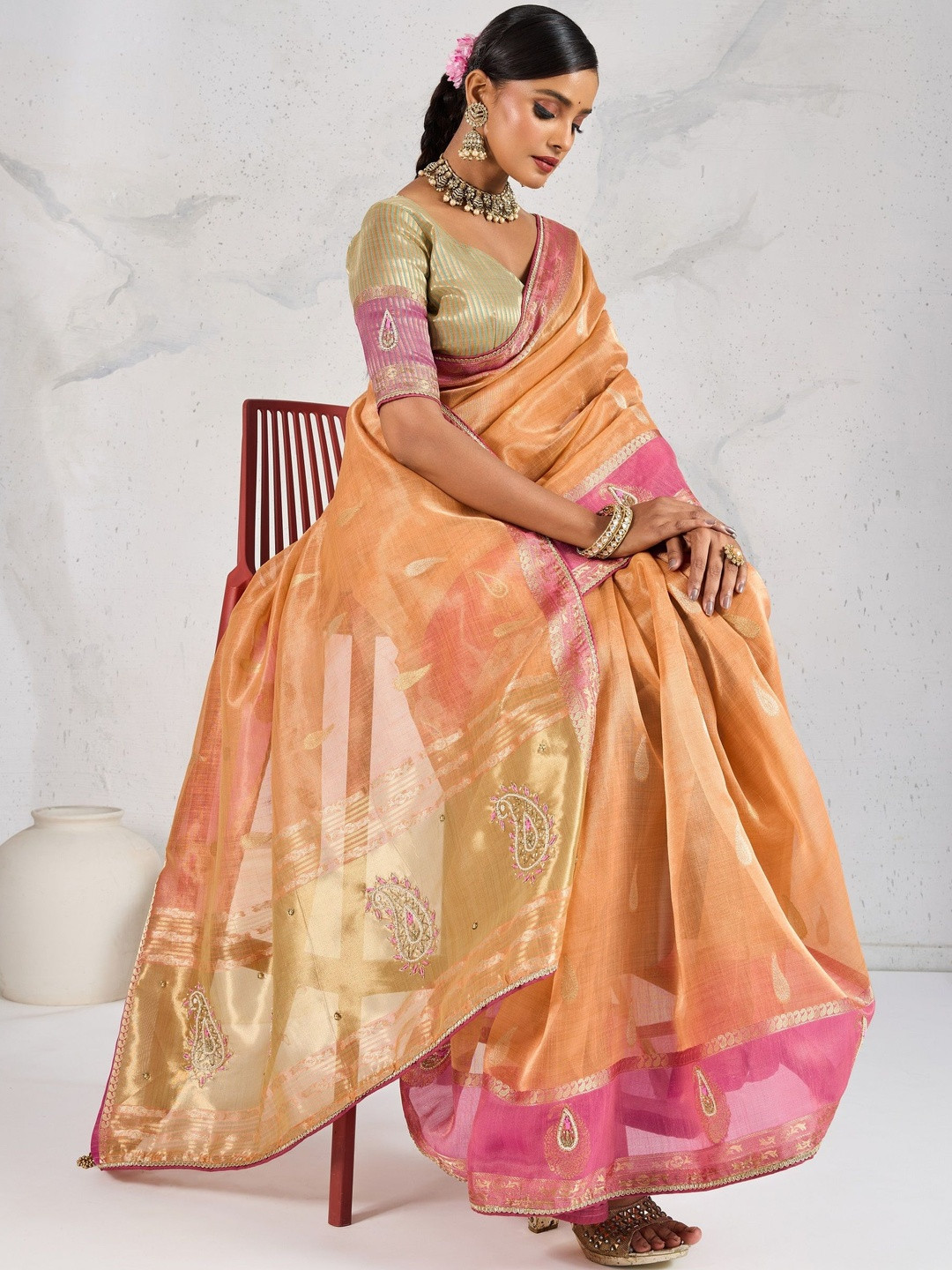 Smart Stree Paisley Woven Design Tissue Saree With Blouse Piece