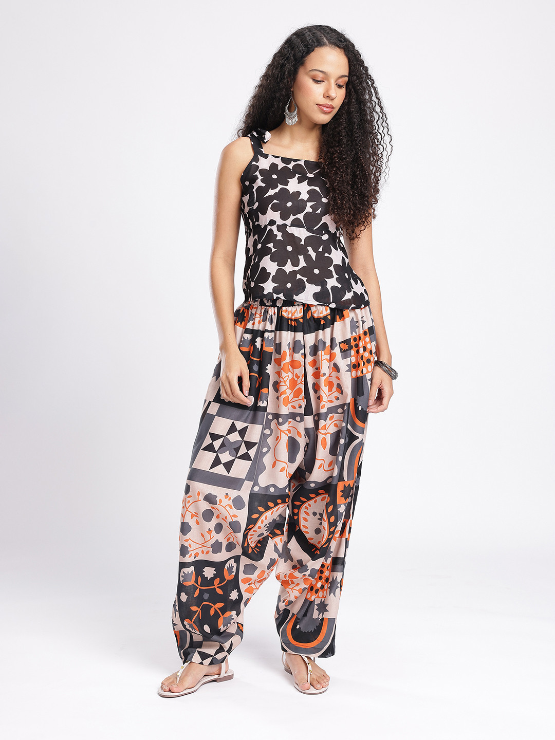 fusion by glitchez Floral Printed Square Neck Top & Harem Pant
