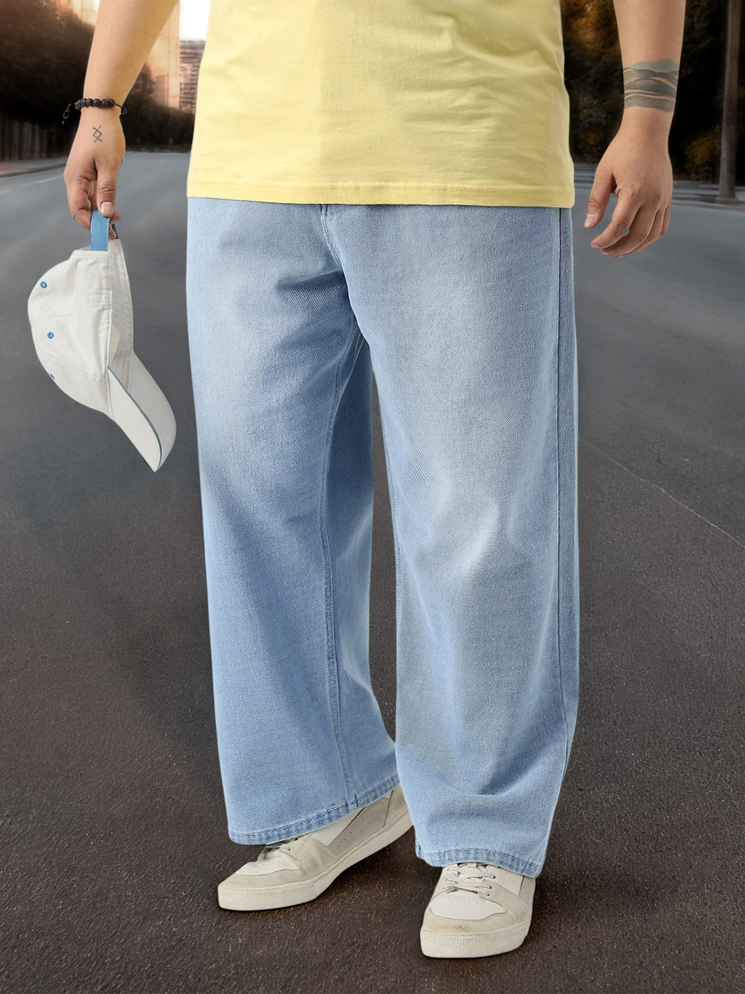 Urbano Plus Men Ice Blue Loose Baggy Fit Washed Cotton Non-Stretchable Jeans