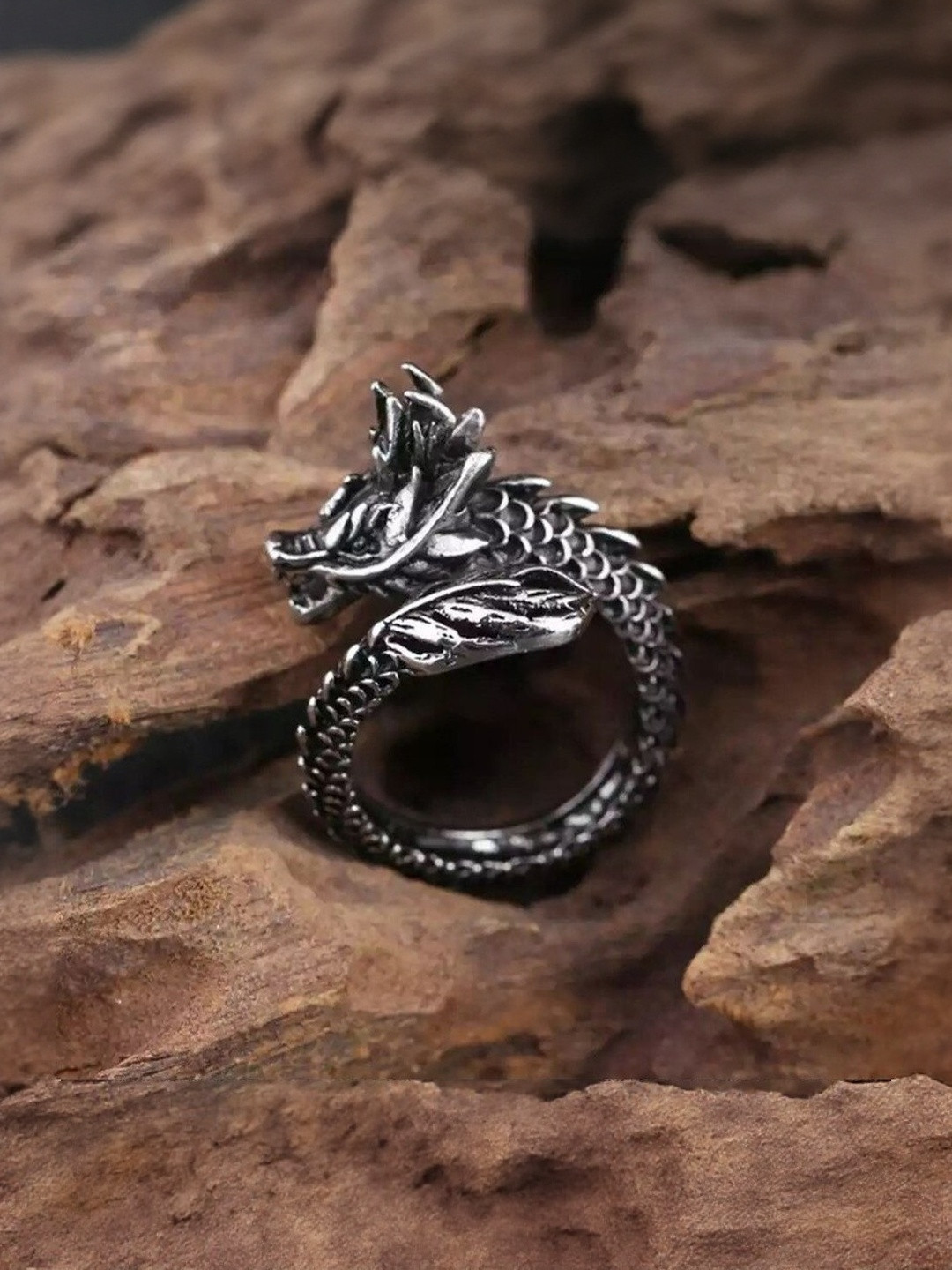 J.S ENTERPRISES Unisex Oxidised Dragon Stainless Steel Adjustable Finger Ring