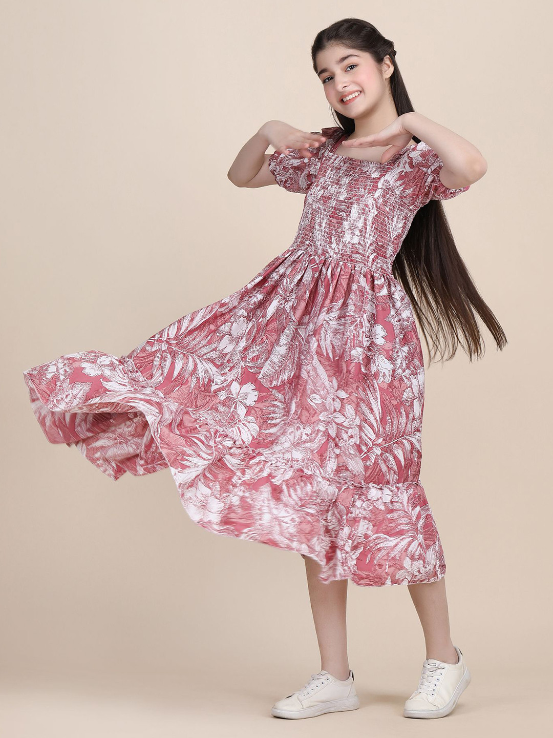 Pinly Floral Print Flutter Sleeve Crepe Fit & Flare Midi Dress