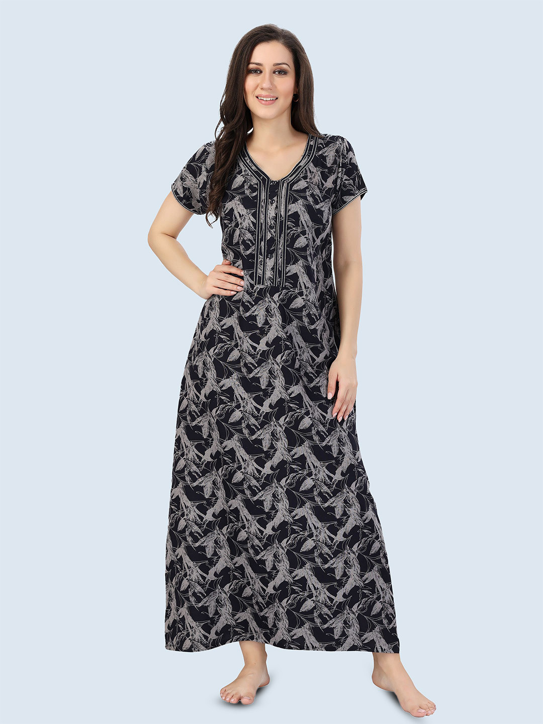 Cloud Soft Women Abstract Printed V-Neck Short Sleeves Maxi Nightdress
