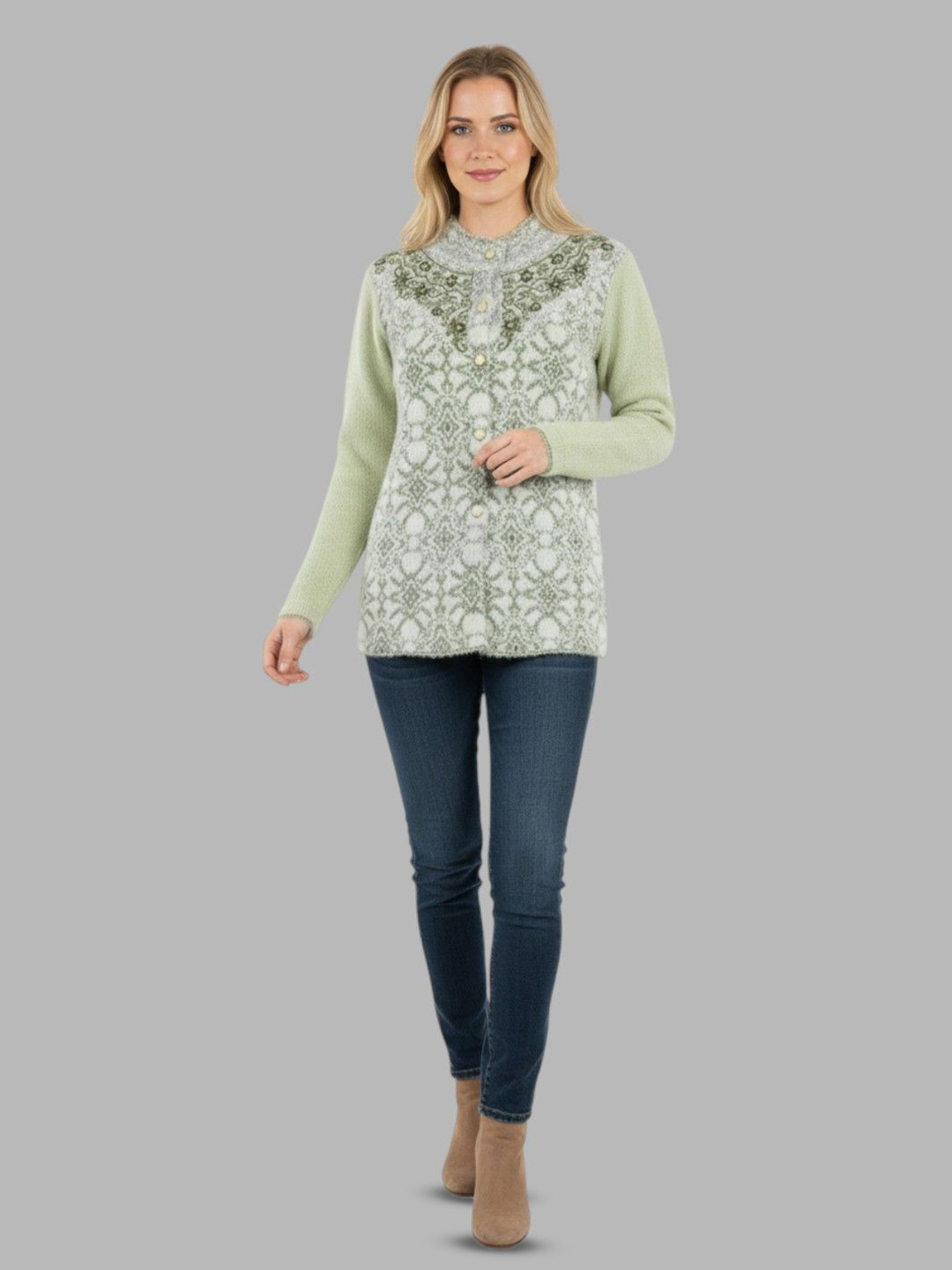 Gouri Women Self Design Round Neck Full Seleeves Woollen Cardigan with Embroidered Detail