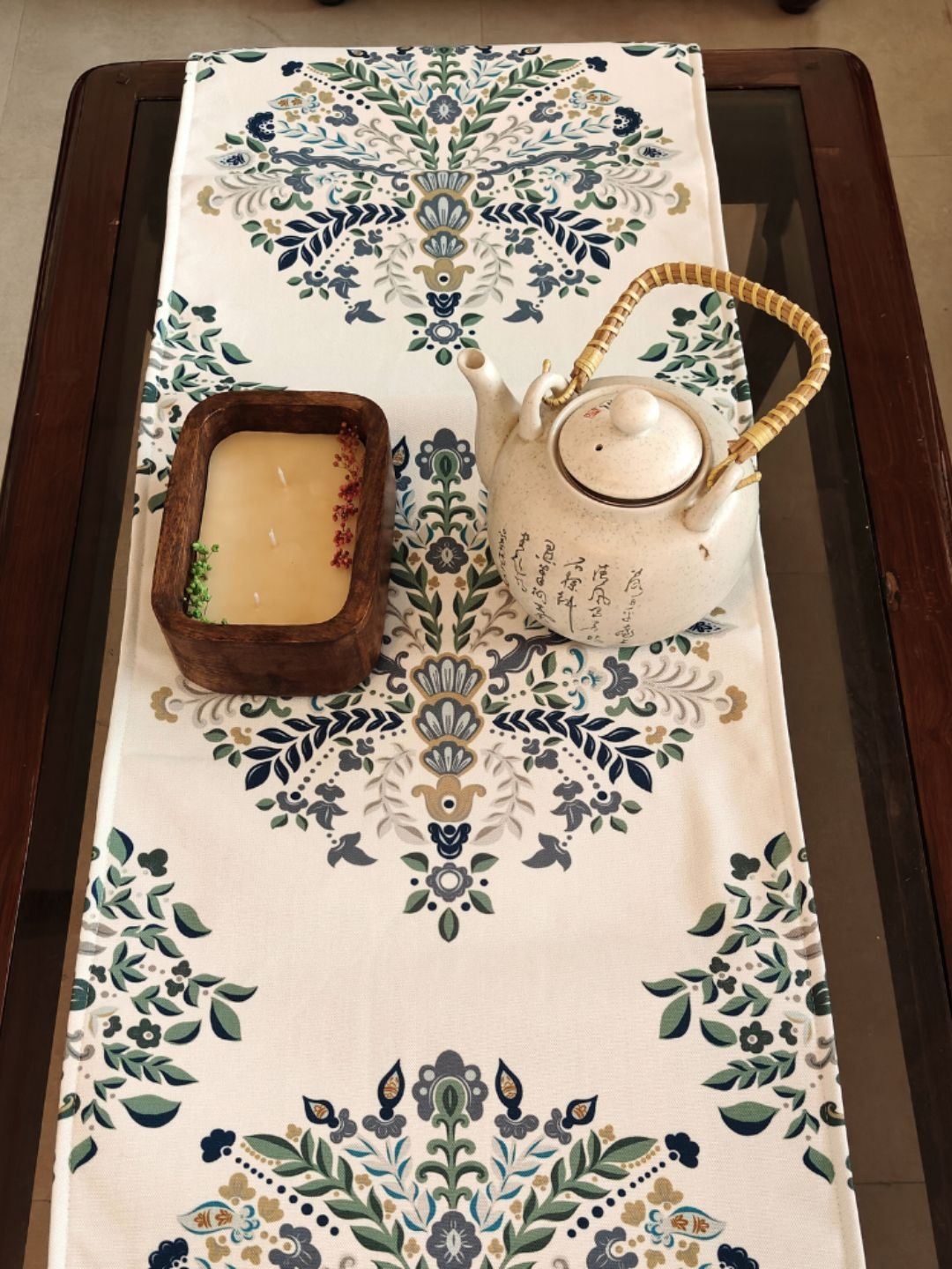 Akira Furnishings White and Green Floral Printed Table Runner