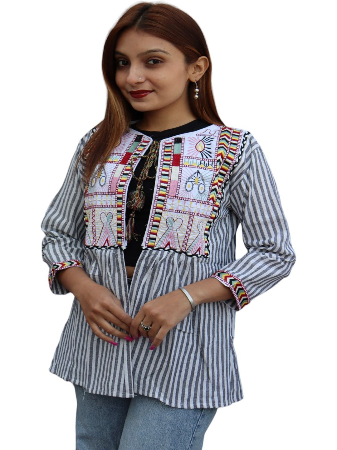 TAVAN Collarless Long Sleeves Tailored Embroidered Cotton Jacket