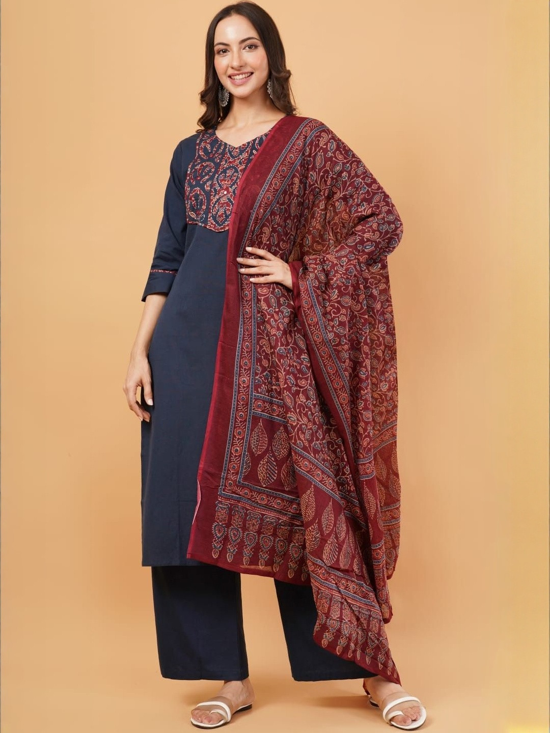 Purpple Infinity Women Blue Embroidered Kurta with Printed Dupatta & Pants