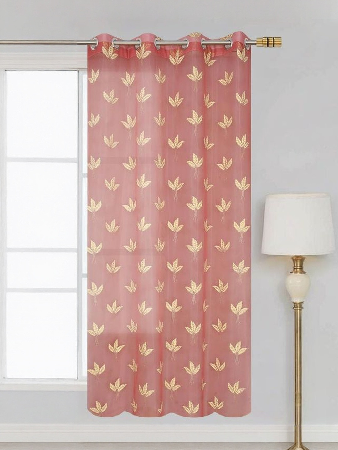 Aura Red Floral Regular Window Sheer Eyelet Curtain