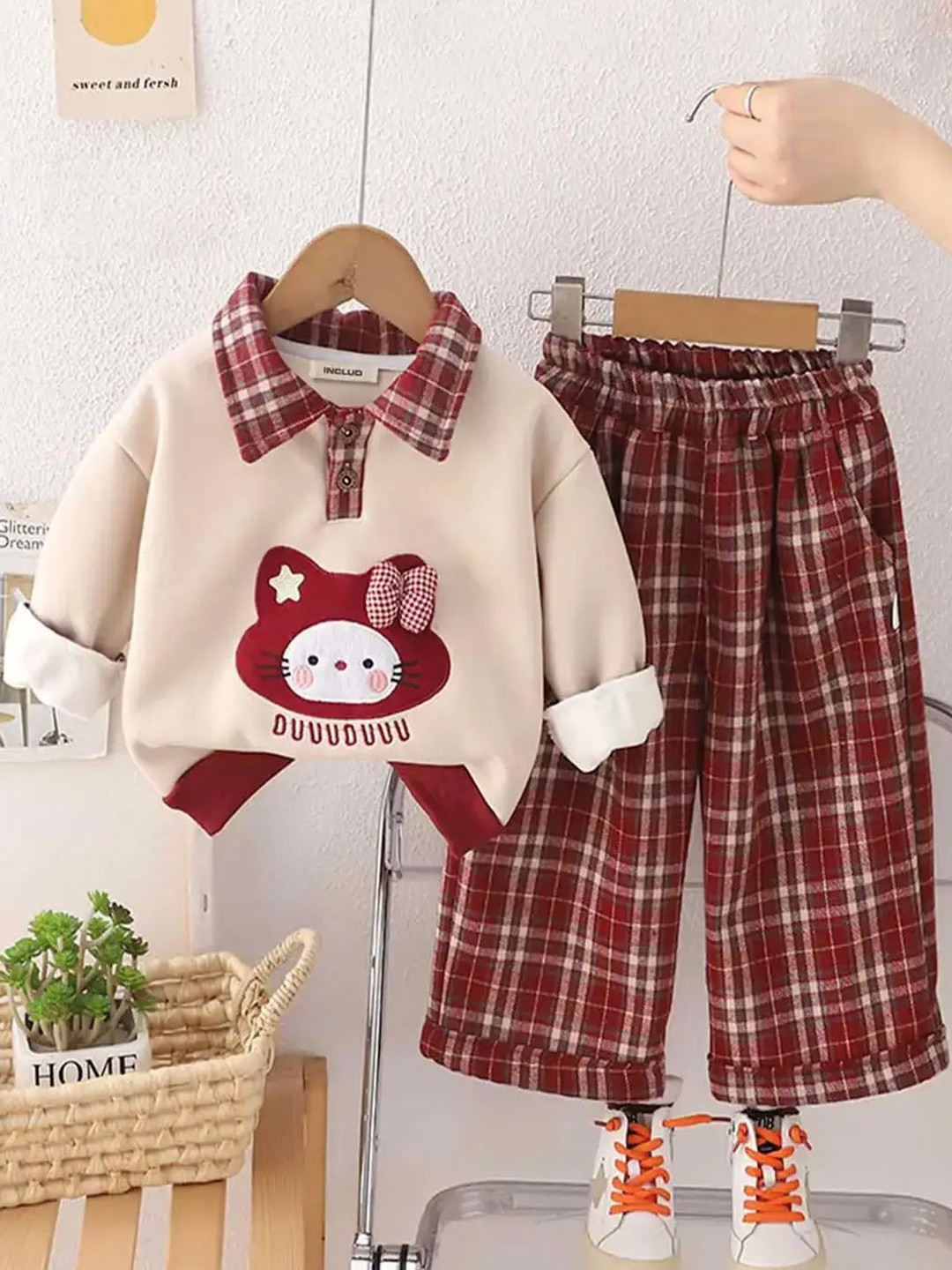 INCLUD Girls Cat Applique Work Polo Collar Sweatshirt With Palazzo