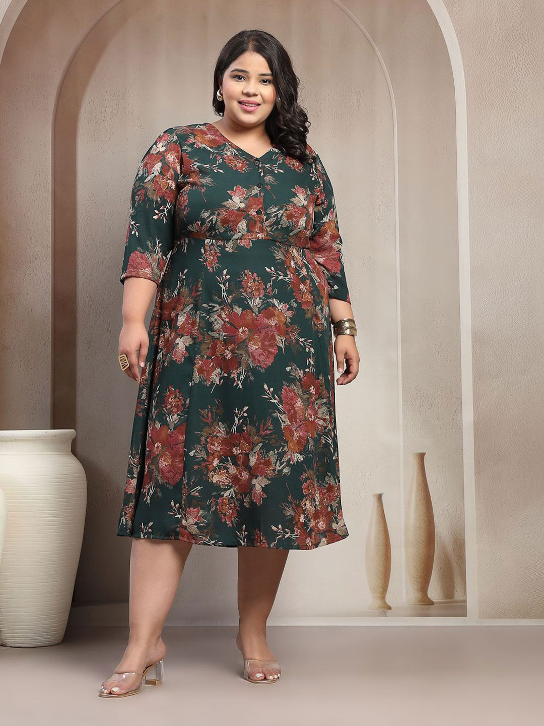 plusS Floral Print A-Line Midi Dress