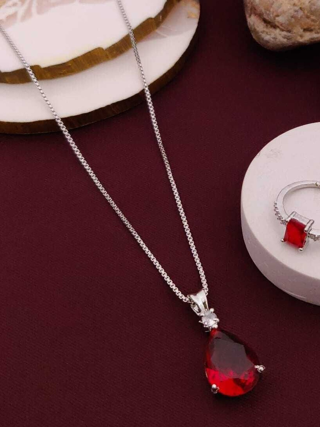 Laksh Enterprise Teardrop Red Garnet Necklace & Ring Set