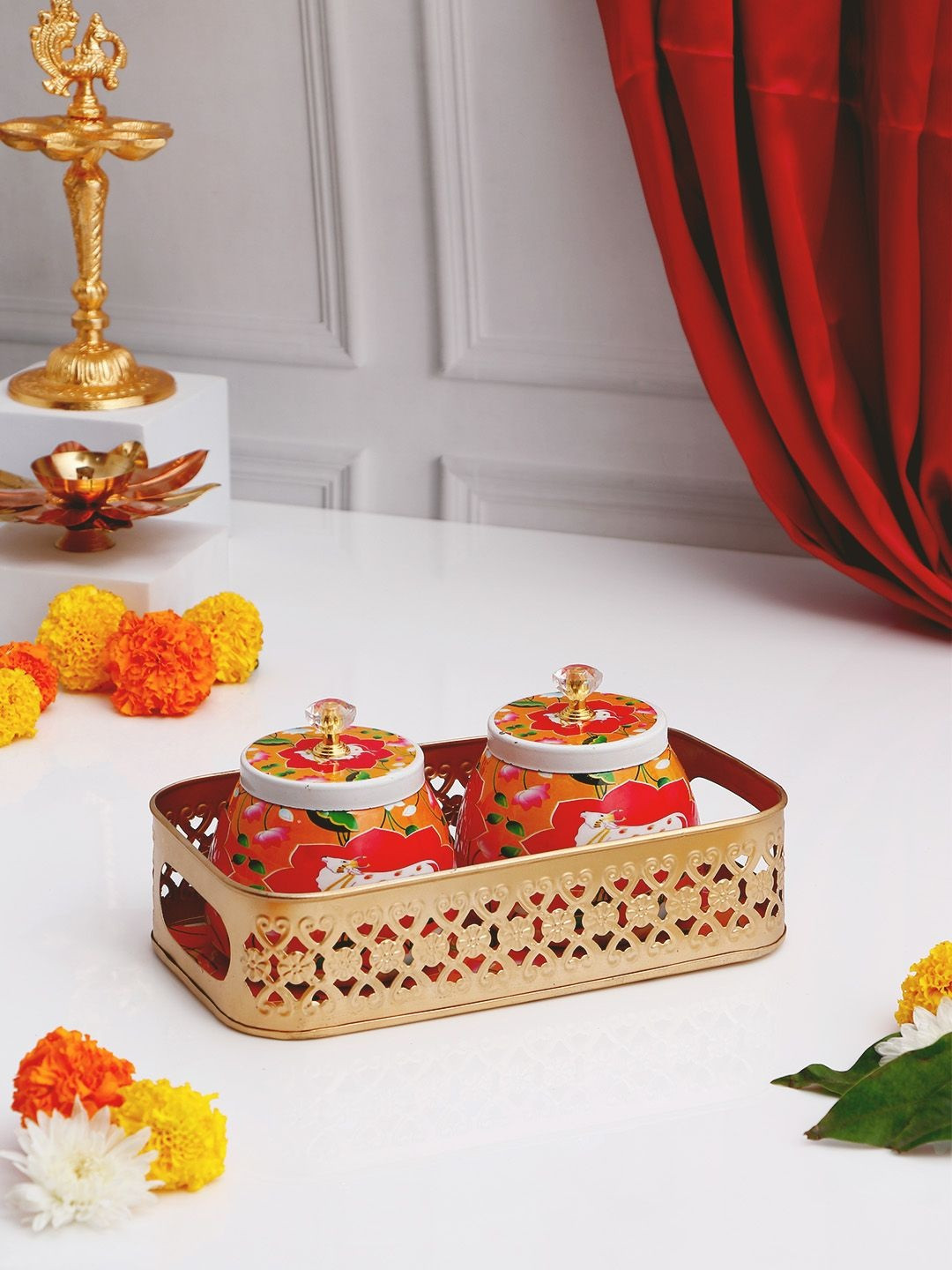 Archies Orange 3 Pieces Metal Easy to Clean Jar Container With Tray